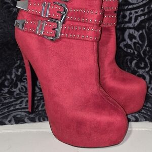 Red Suede Platform Ankle Boots with Buckle Detail